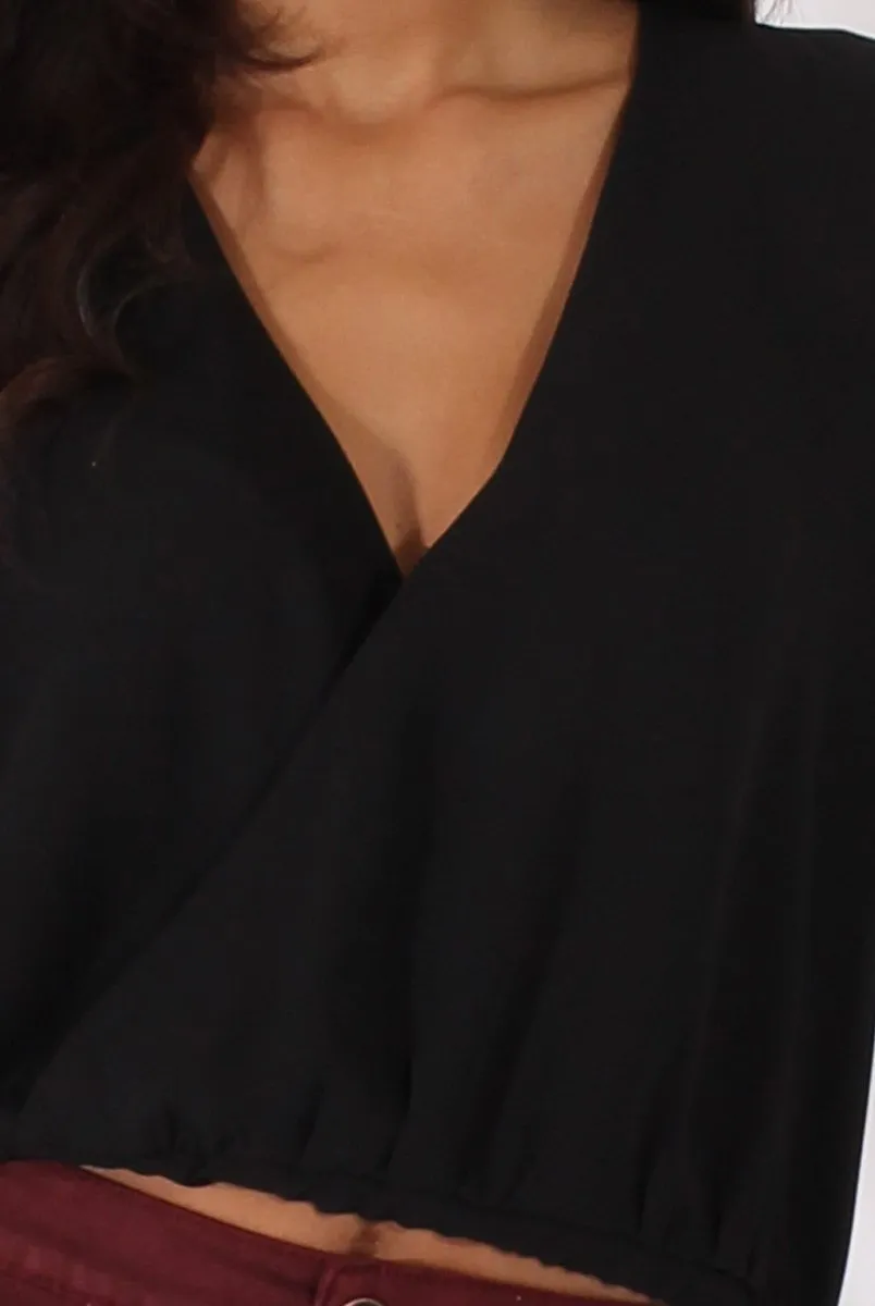 Black Wrap Front Dip Hem Shirt - Kamlyn