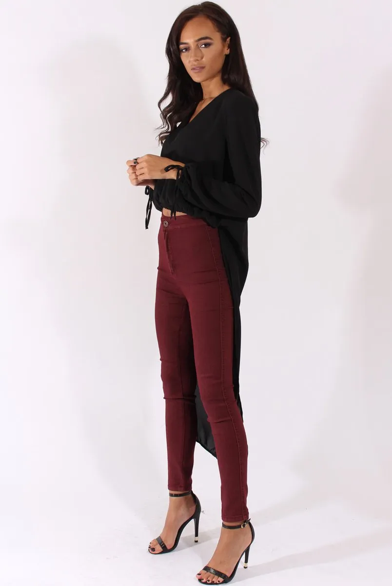 Black Wrap Front Dip Hem Shirt - Kamlyn