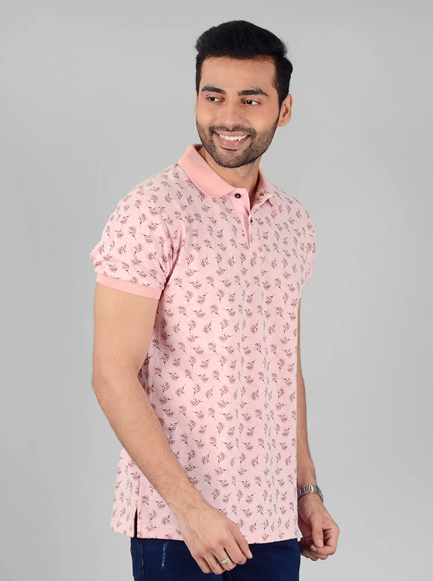 Light Pink Printed Slim Fit Polo T-Shirt | Greenfibre