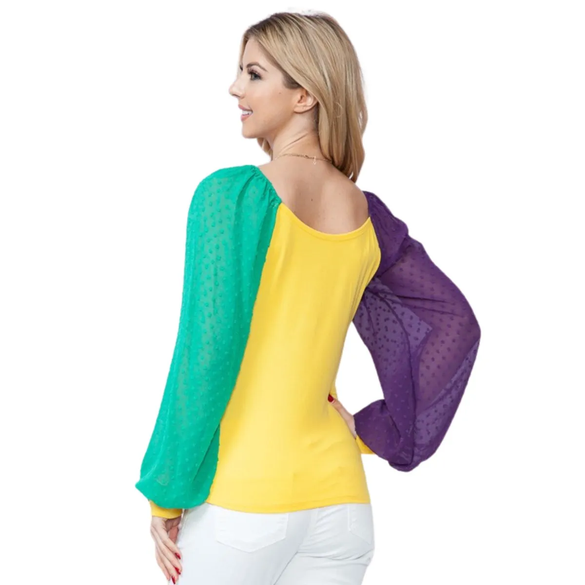 Mardi Gras Gold Top With Long Swiss Dot Sleeves