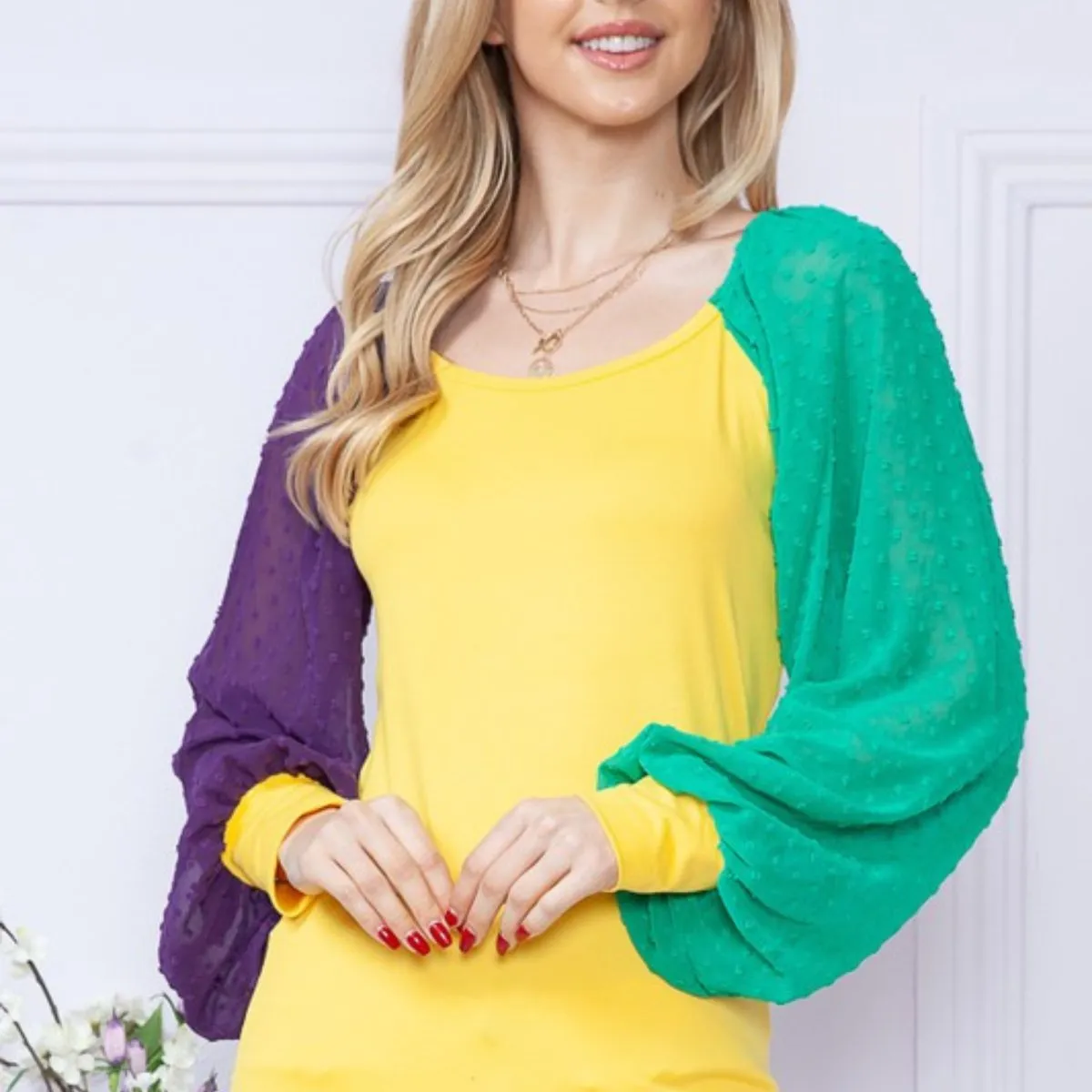 Mardi Gras Gold Top With Long Swiss Dot Sleeves