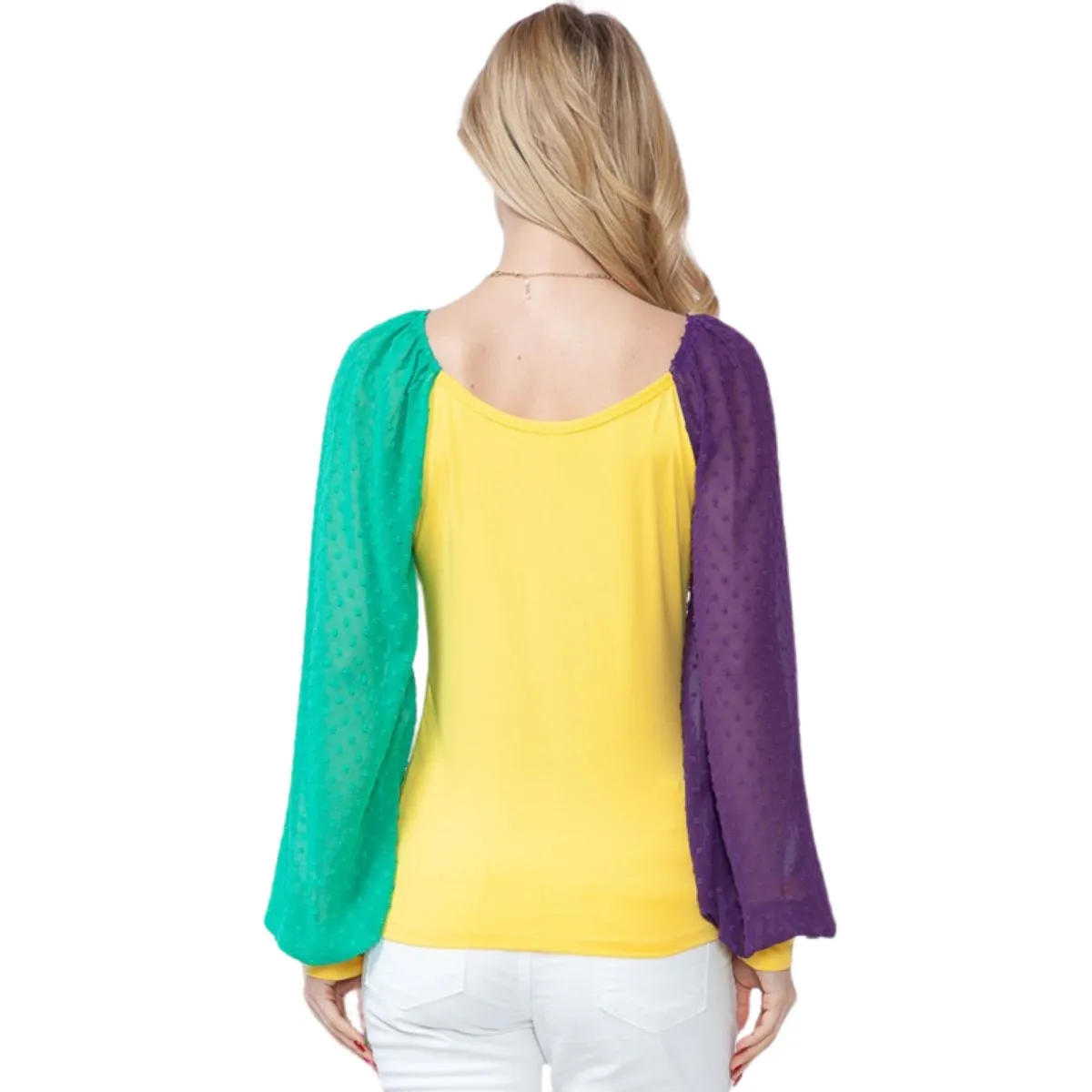 Mardi Gras Gold Top With Long Swiss Dot Sleeves