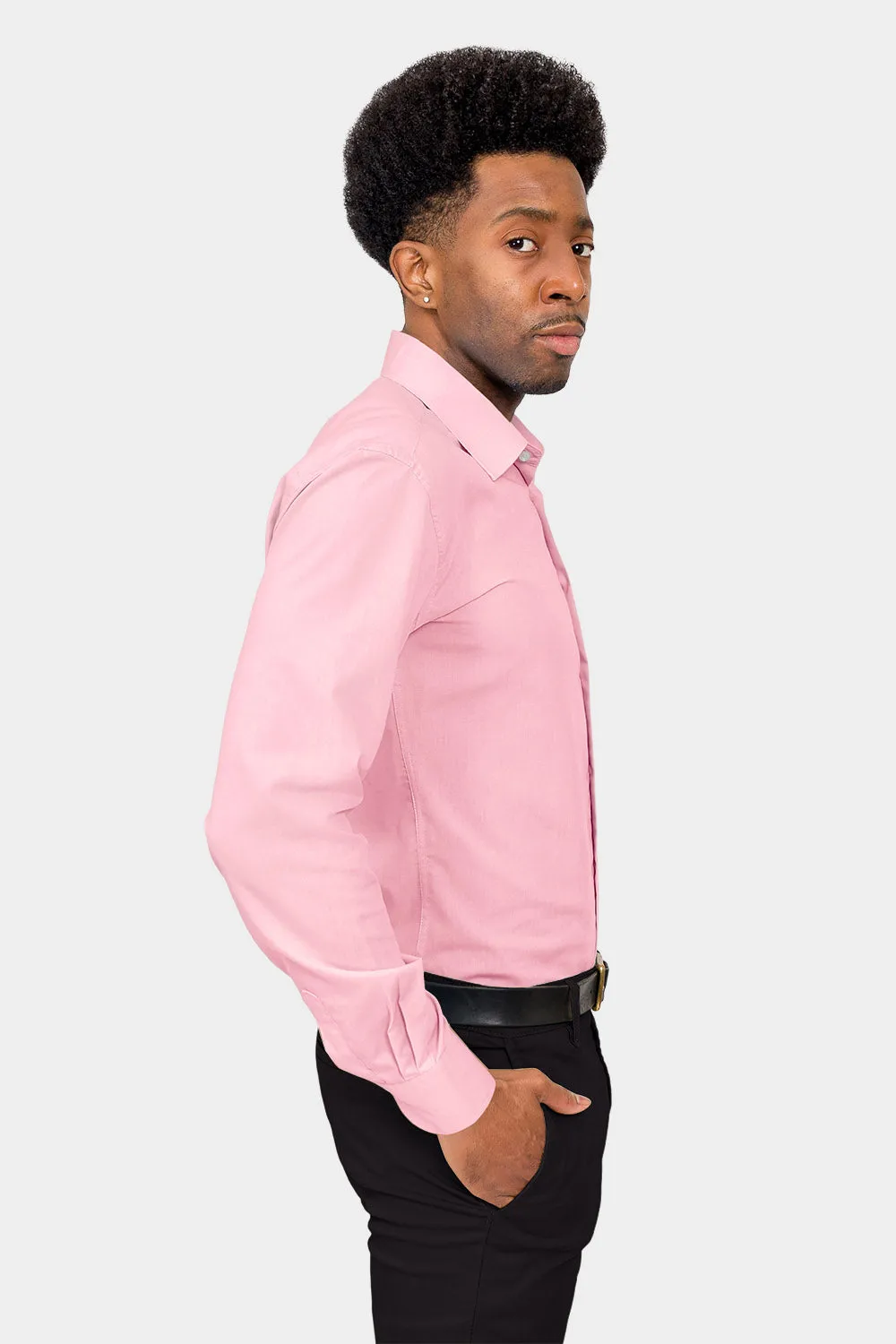 Men's Slim Fit Solid Color Dress Shirt (Pink)