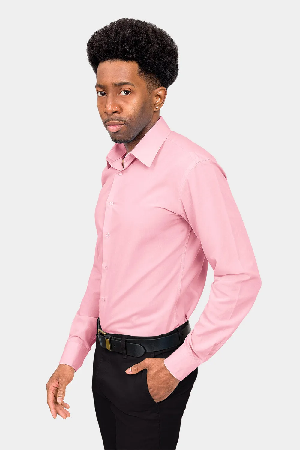 Men's Slim Fit Solid Color Dress Shirt (Pink)