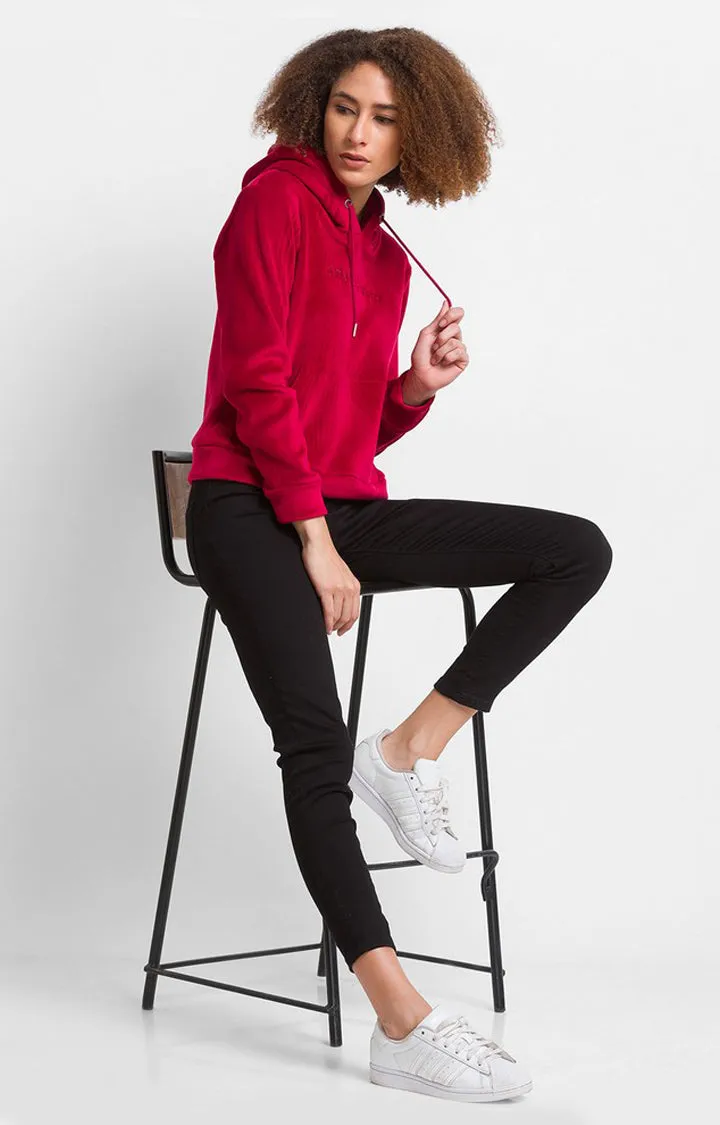 Spykar Wine Cotton Blend Full Sleeve Hooded Sweatshirts For Women