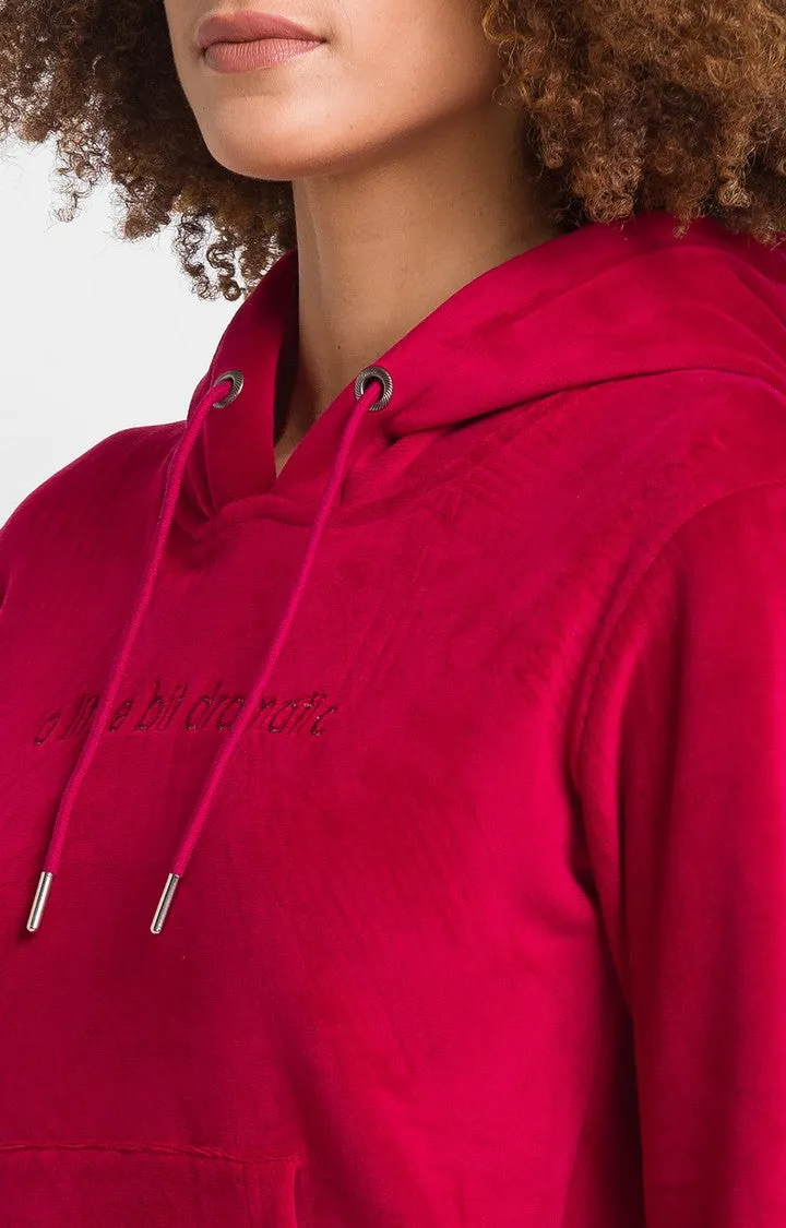 Spykar Wine Cotton Blend Full Sleeve Hooded Sweatshirts For Women