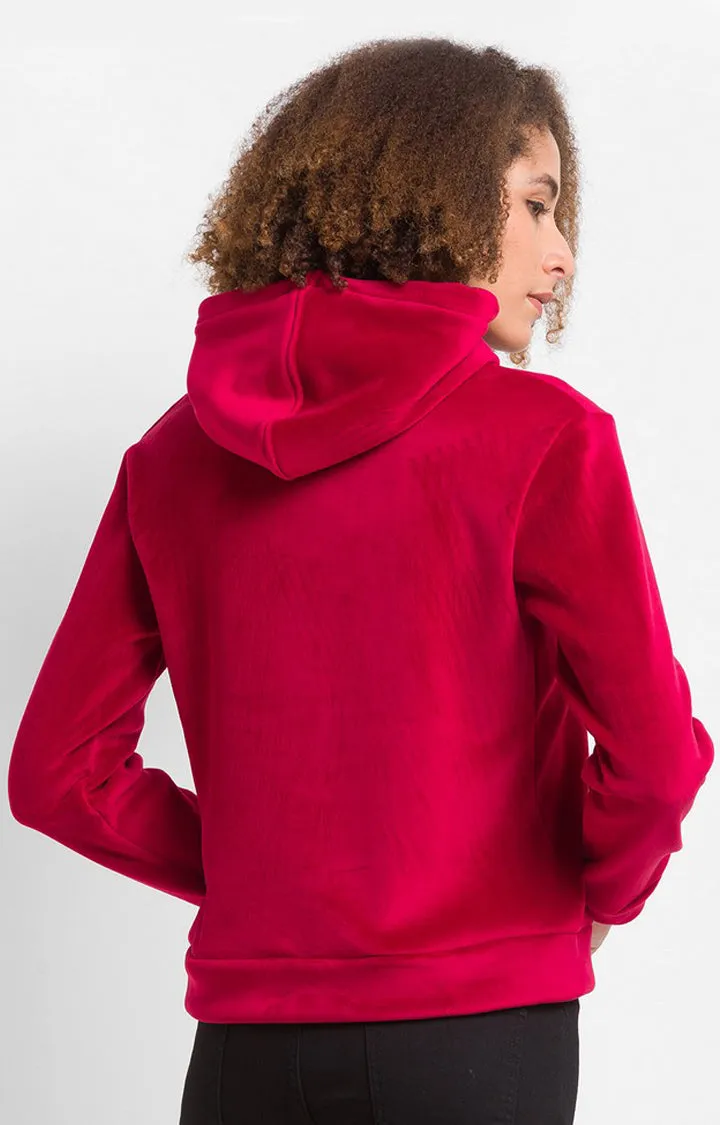 Spykar Wine Cotton Blend Full Sleeve Hooded Sweatshirts For Women